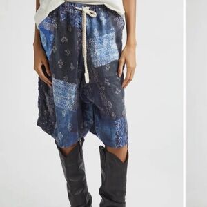 R13 Blue Patchwork Asymmetrical Drawstring Shorts